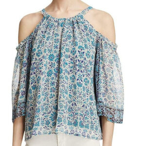 Beltaine Blue Floral Cold Shoulder Chiffon Tunic Blouse L